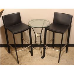 GLASS SIDE TABLE AND 2 LEATHERETTE BAR STOOLS