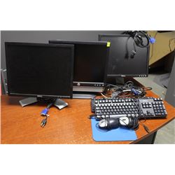 LOT OF 3 DELL MONITORS, 2 KEYBOARDS AND MICE