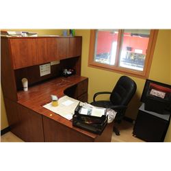 L-SHAPED OFFICE DESK WITH HUTCH, CHAIR, FILING