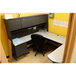 U-SHAPED OFFICE DESK WITH HUTCH, CHAIR, LAMP AND