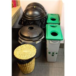 LOT OF GARBAGE AND RECYCLE BINS