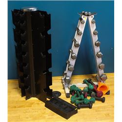 LOT OF 2 DUMBBELL RACKS WITH DUMBBELLS