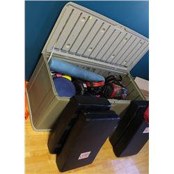 LARGE PLASTIC STORAGE BIN WITH CONTENTS INCLUDING