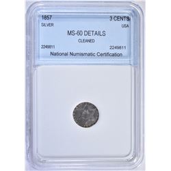 1857 3 CENTS SILVER NNC CH BU DETAILS