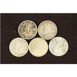 1941, 46, 62, 65 AND 68 CANADA SILVER 10 CENTS