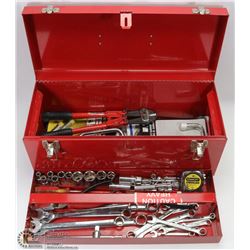RED METAL TOOL BOX WITH CONTENTS INCL SOCKETS,