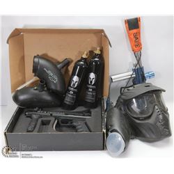 TOTE OF PAINT BALL ACCESSORIES, INCLUDES 2 GUNS,