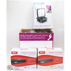 BOX OF ASSORTED ELECTRONICS INCL TV CONVERTERS