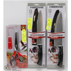 LOT OF NEW KITCHEN ITEMS INCLUDING 8" CHEF KNIFE