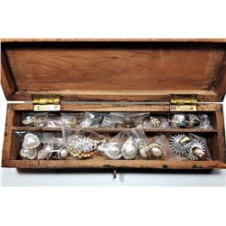 16) DECORATED WOODEN BOX & CONTENTS