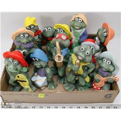 LOT OF 11 GARDEN FROG FIGURINES, ALL DIFFERENT