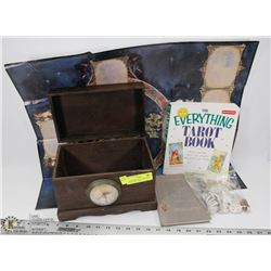WOODEN BOX WITH TAROT BOOK, RUINS BOOK, CHART