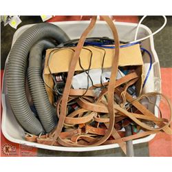 TOTE OF ELECTRICAL CORDS AND SHOP VAC HOSE