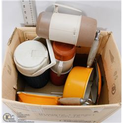 LOT WITH CAST IRON POTS, AND 3 THERMOS BOTTLES
