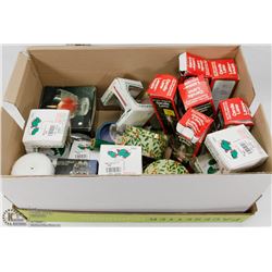 #26) BOX OF NEW CANDLES & CANDELABRAS.