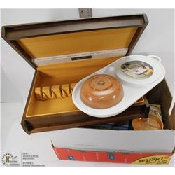 #15) BOX OF KITCHEN ITEMS INCL SILVERWARE WOODEN