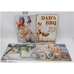 SET OF 4 NEW PIN-UP GIRL METAL SIGNS.