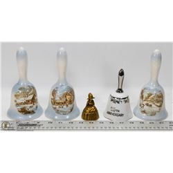 LOT OF 5 ASSORTED COLLECTIBLE BELLS INCL PORCELAIN