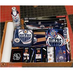 FLAT OF 18 ASSORTED PIECES OF OILERS MEMORABILIA.