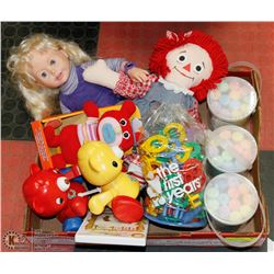 BOX WITH KIDS STUFF INCL TALKING DOLL , RAGGEDY