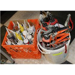5 GALLON PAIL WITH 11 CAULKING GUNS & MILK CRATE