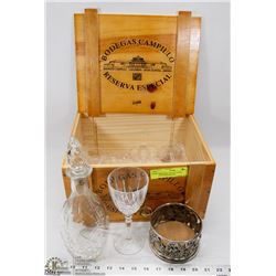 WINE CRATE WITH DECANTER, BOTTLE HOLDER AND
