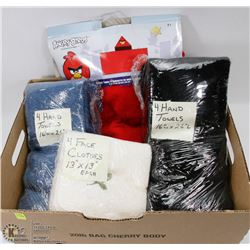 BOX OF ASSORTED HAND TOWELS AND ANGRY BIRDS