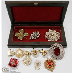 ESTATE TRINKET BOX FULL OF RHINESTONE BROOCHES