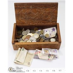 DRAGON CARVED WOOD BOX WITH ASSORTED WORLD COINS