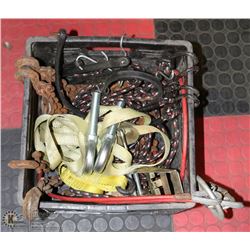CRATE OF CHAINS, CABLES, BUNGEES & MORE
