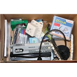 BOX WITH OFFICE MISC. SUPPLIES AND MORE
