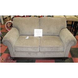 64" CORAGATED FABRIC LOVE SEAT WITH WOOD TRIM