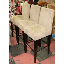 LOT OF 3 BROWN SUEDE BAR STOOLS