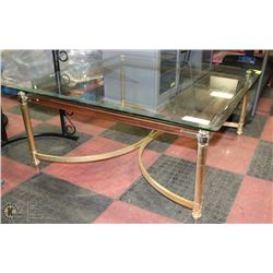 BRASS WOOD AND GLASS COFFEE TABLE