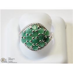 19) STERLING SILVER 14 EMERALD RING SIZE 7.25