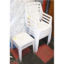GROUP OF 4 PLASTIC PATIO CHAIRS SOLD WITH 2 END