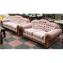 VINTAGE DUSTY ROSE WOOD CARVED 90" SOFA WITH
