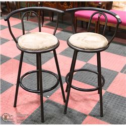 2 BAR HEIGHT STOOLS WITH BACKS AND FABRIC SEATS