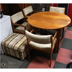 TEAK TABLE WITH 4 CHAIRS SOLD WITH FABRIC OTTOMAN