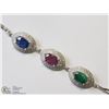 Image 1 : 37) ST. SILVER EMERALD, RUBY & SAPPHIRE BRACELET