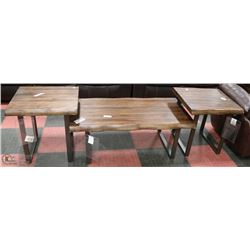 SOLID WOOD AND METAL 3 PC COFFEE TABLE SET.