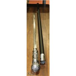 ORNATE SILVER METAL COLLECTOR CANE SWORD