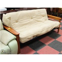 BEIGE MICROFIBER AND SOLID WOOD FUTON