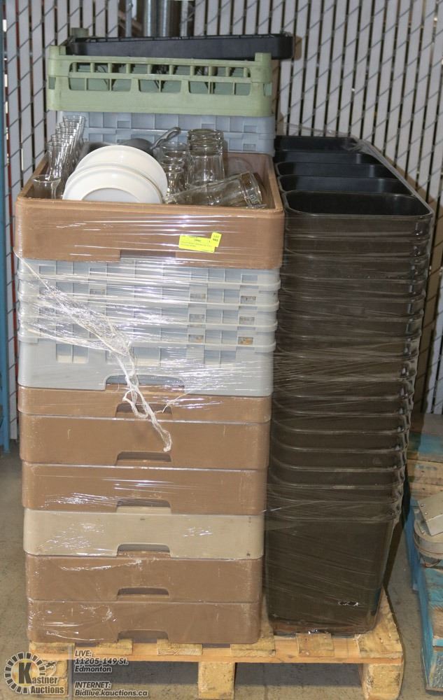 PALLET WITH 5 DISH RACKS FULL OF GLASS WARE,