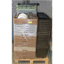 PALLET WITH 5 DISH RACKS FULL OF GLASS WARE,