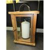 Image 1 : Wood & Glass  Hurricane Lantern with 6" Candle / 7 x 7 x 12" high