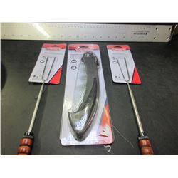 New Coleman Folding Saw & 2 Telescoping Rotisserie Weiner sticks