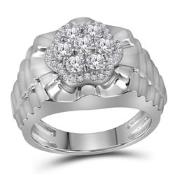 1 CTW Mens Diamond Flower Cluster Ribbed Ring 10KT White Gold - REF-131X2Y