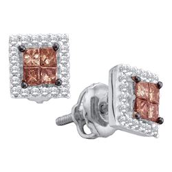 0.33 CTW Princess Brown Color Diamond Stud Earrings 14KT White Gold - REF-31Y4X