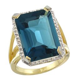 Natural 13.72 ctw London-blue-topaz & Diamond Engagement Ring 10K Yellow Gold - REF-70Y4X